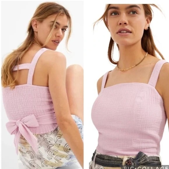 NWT Anthropologie Smocked Tie Bow Back Cotton Tank Top in Pink XL - Picture 1 of 9